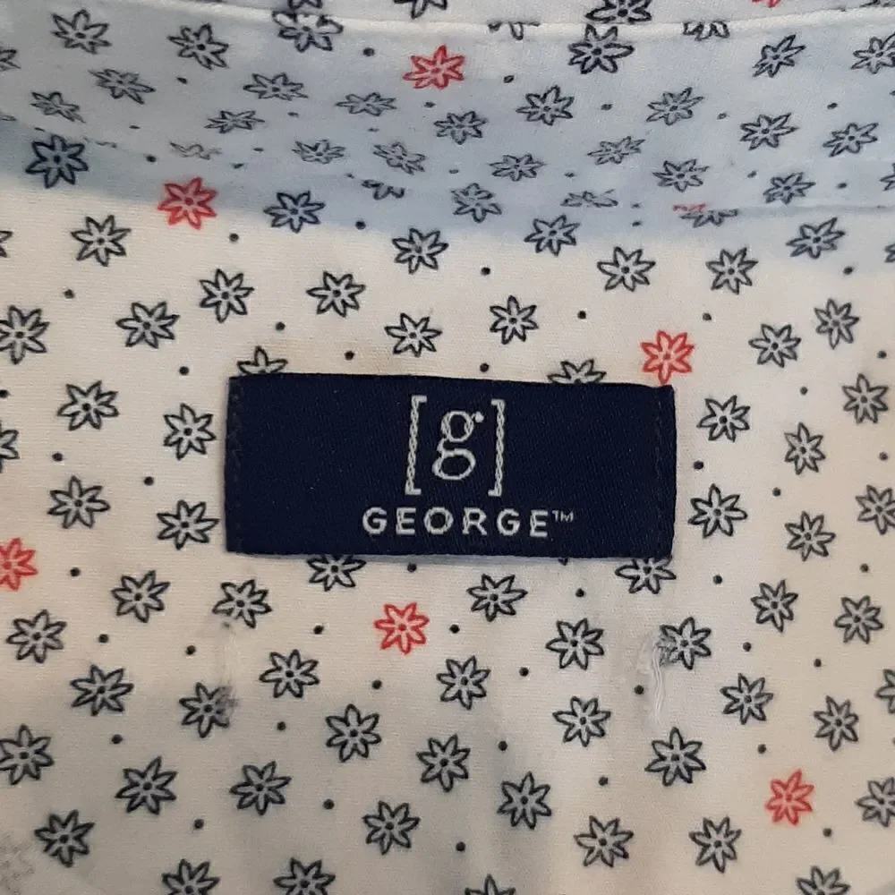 George S/CH 34-36 White with Blue and Red Print Button Down